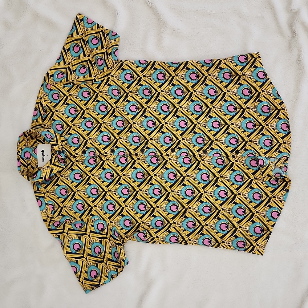 Smyth Geometric Colorful Gold Short-Sleeve Button-down Shirt | Men's Size Small